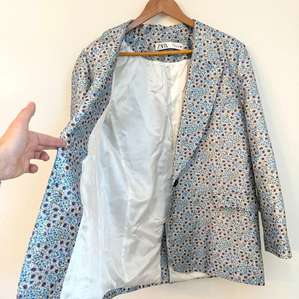 Zara Floral Blazer Womens XL Blue Ditsy Print Lightweight Spring Jacket Boho - Picture 9 of 9
